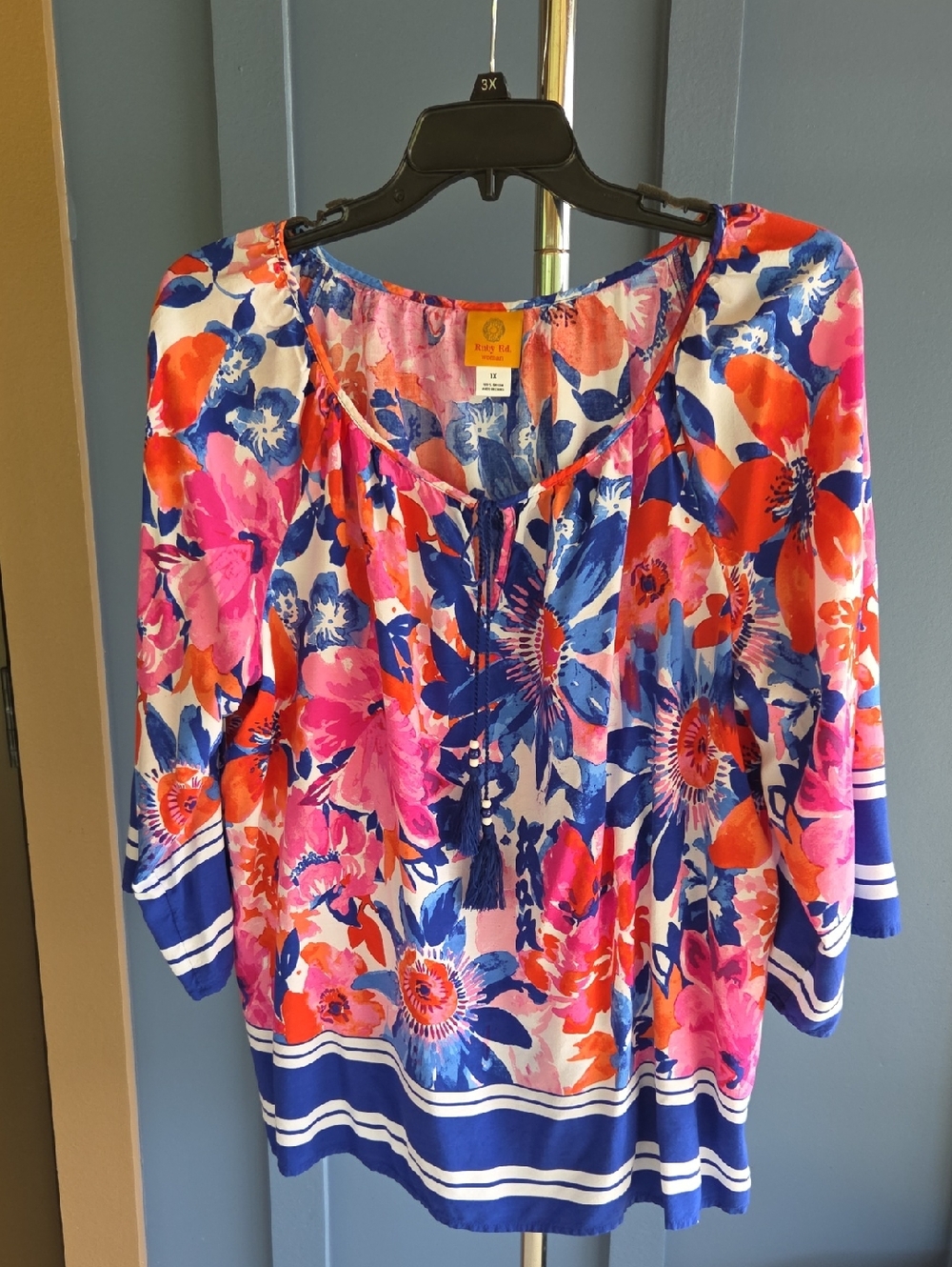 Ruby Rd. Floral Tie-Neck Tunic in Blue, Pink & Orange